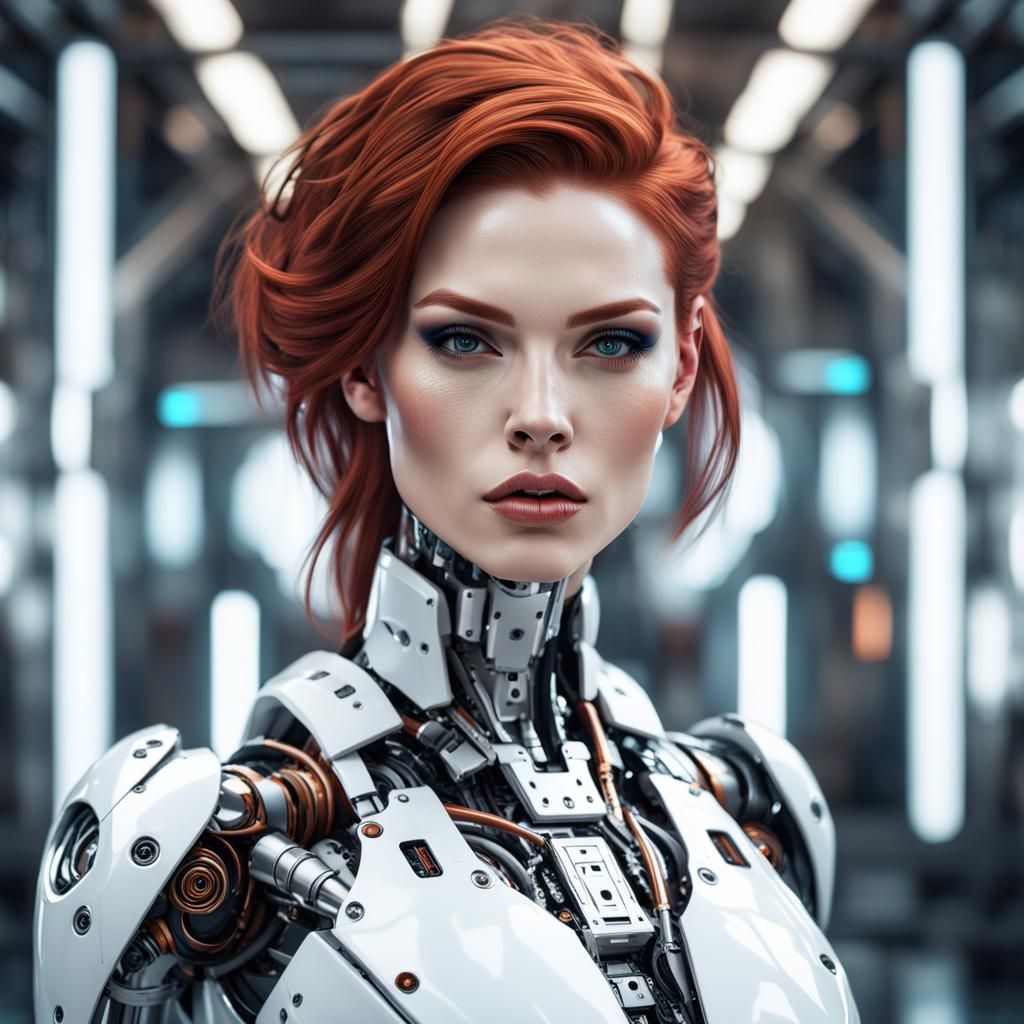 Beautiful Auburn-Haired Cyberpunk Cyborg Portrait