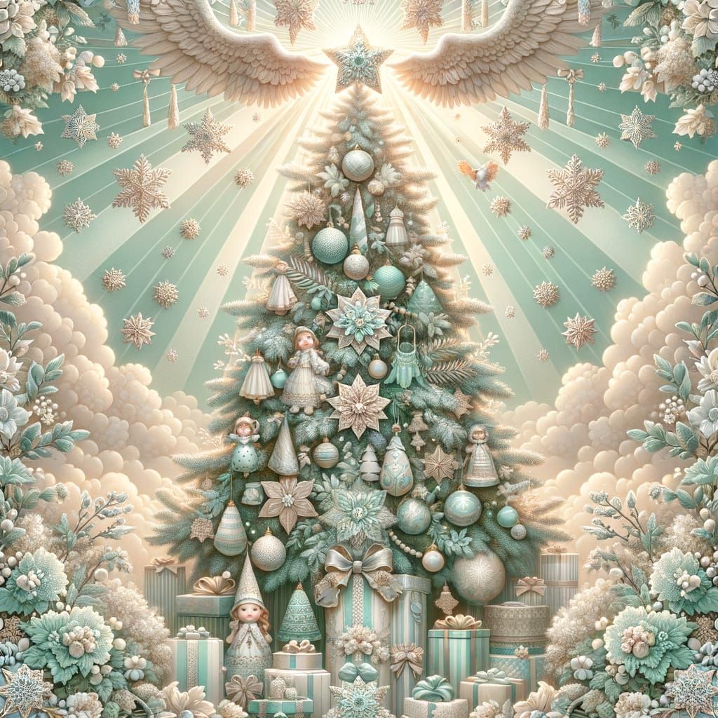 Christmas Tree Pattern with Toys and Snowflakes in Pastel Hu...