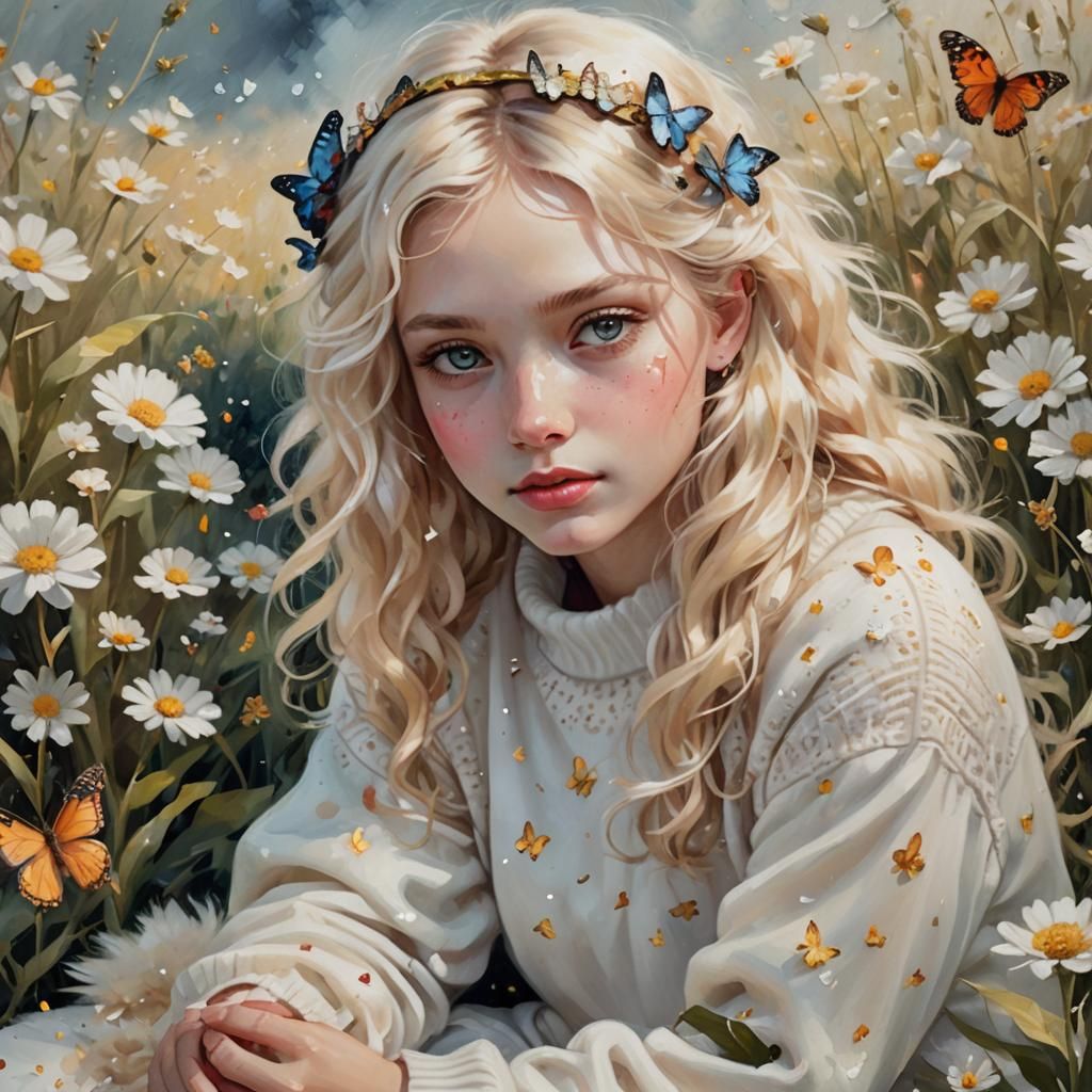 Girl in Flower Field: Dreamy Oil Painting
