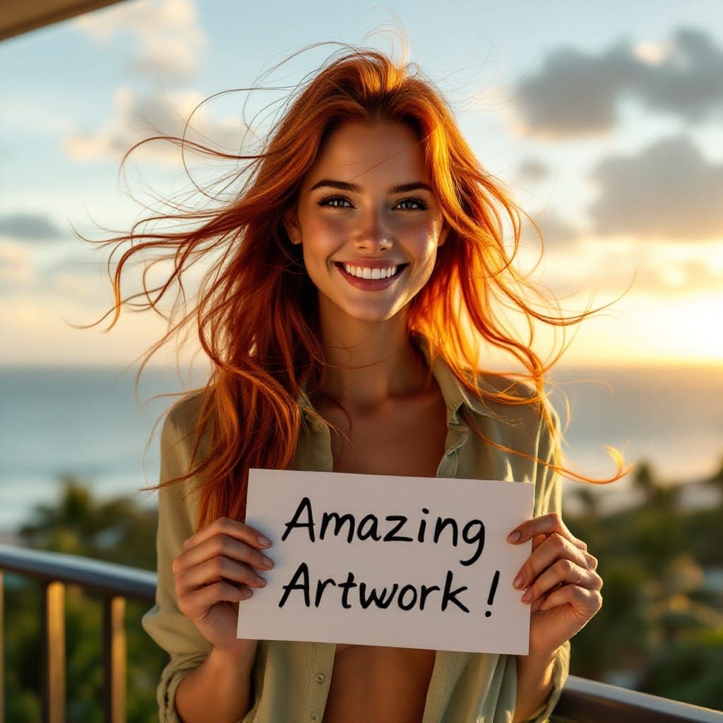 Hyperrealistic Woman with Red Hair at Sunset