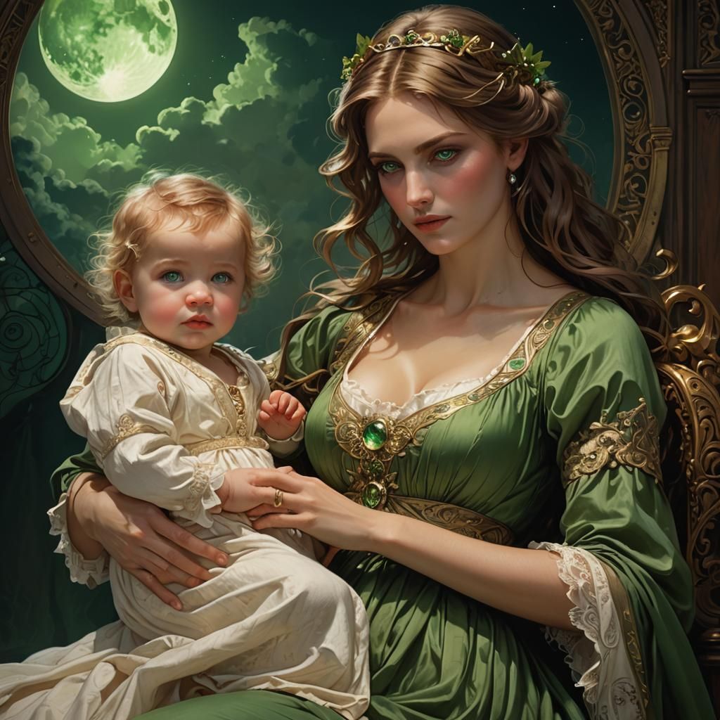 Mother and Newborn Son: Soft, Dreamy Moonlight Portrait