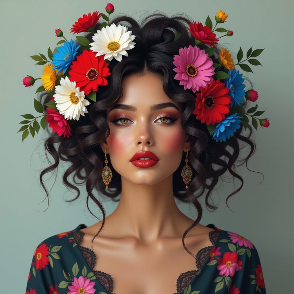 Expressionist portrait, wild floral hair painted with bold s...