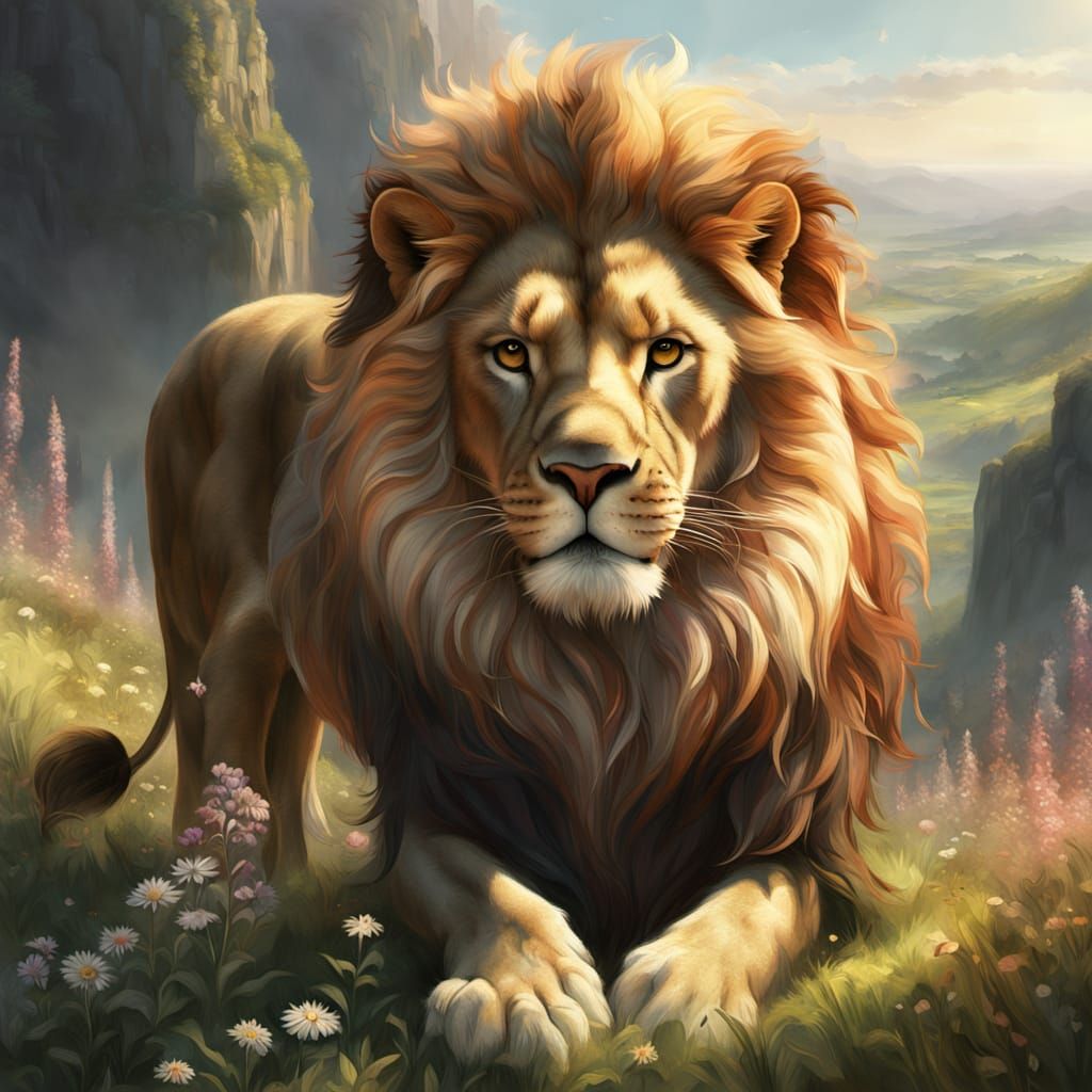 Lion with Wildflower Mane in Matte Painting Style