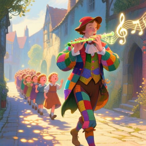 Pied Piper Leads Children with Magic Flute in Storybook Styl...