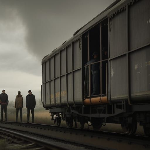 Dramatic Noir Image of Deported People by Freight Car