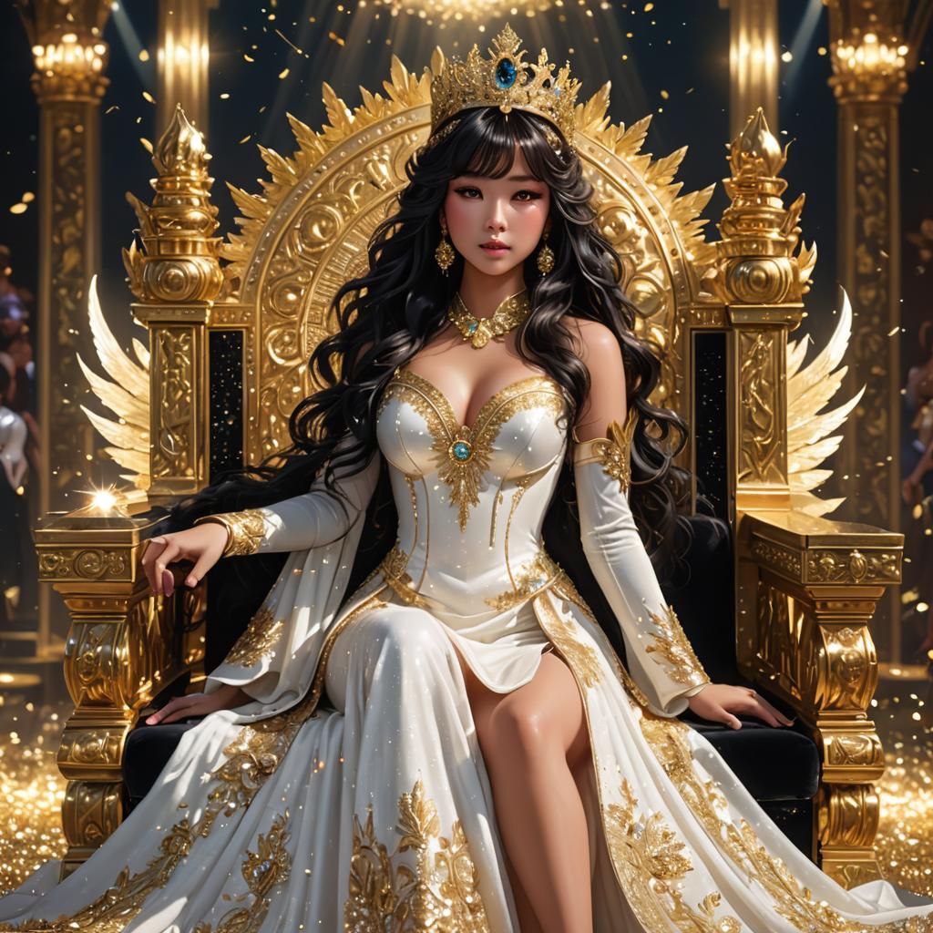 Sparkling Asian Goddess on Throne: 3D Anime Art