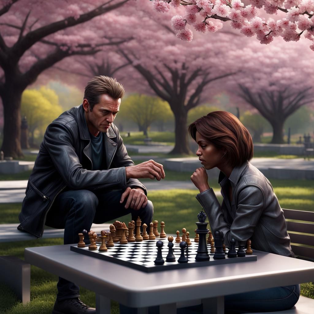Chess Game in Sakura Park: Hyperrealistic Digital Art