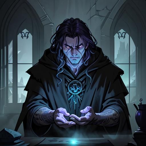 Sorcerer with Potion in Stormy Castle, Dark Fantasy Art