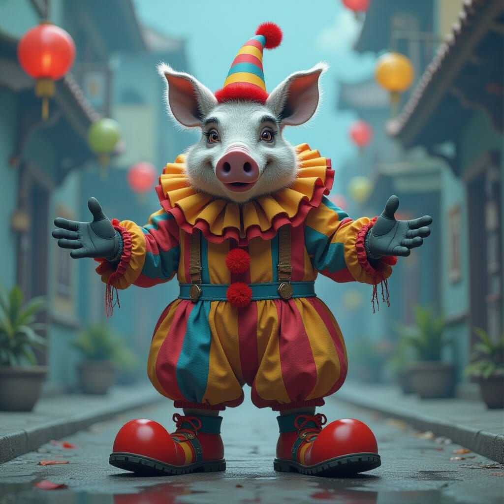 Warthog Clown in Whimsical Fantasy Environment