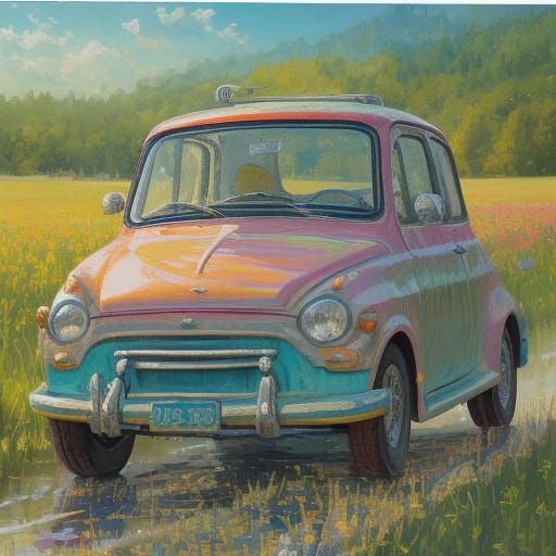Cute Boxy Car in Meadow: Neo-Impressionist Oil Painting