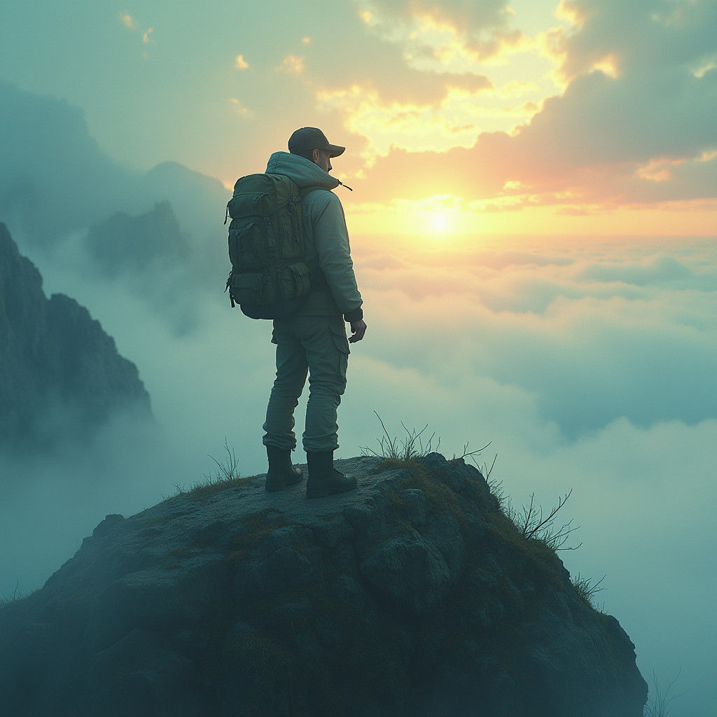 Mystical Hiker Above the Clouds in Concept Art Style