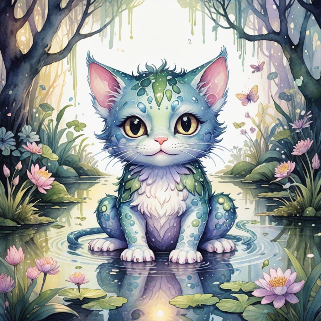 Magical Cat-Frog Chimera in Fairy Forest