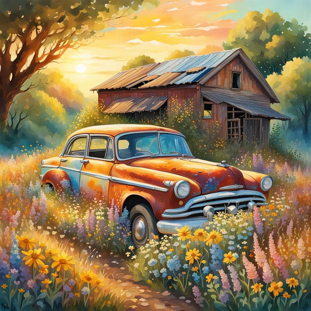 Rusty Car in Wildflower Field: Watercolor Art