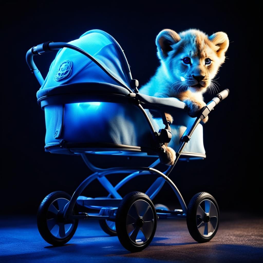 Mystical Neon Lion Cub in Blue Stroller