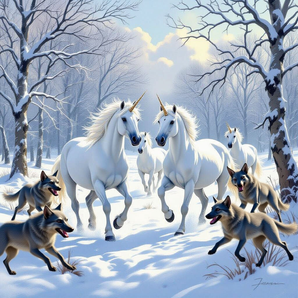 Majestic White Unicorns in Snow-Covered Field