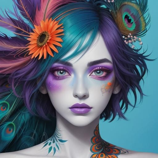 Surreal Woman Portrait with Peacock Feathers