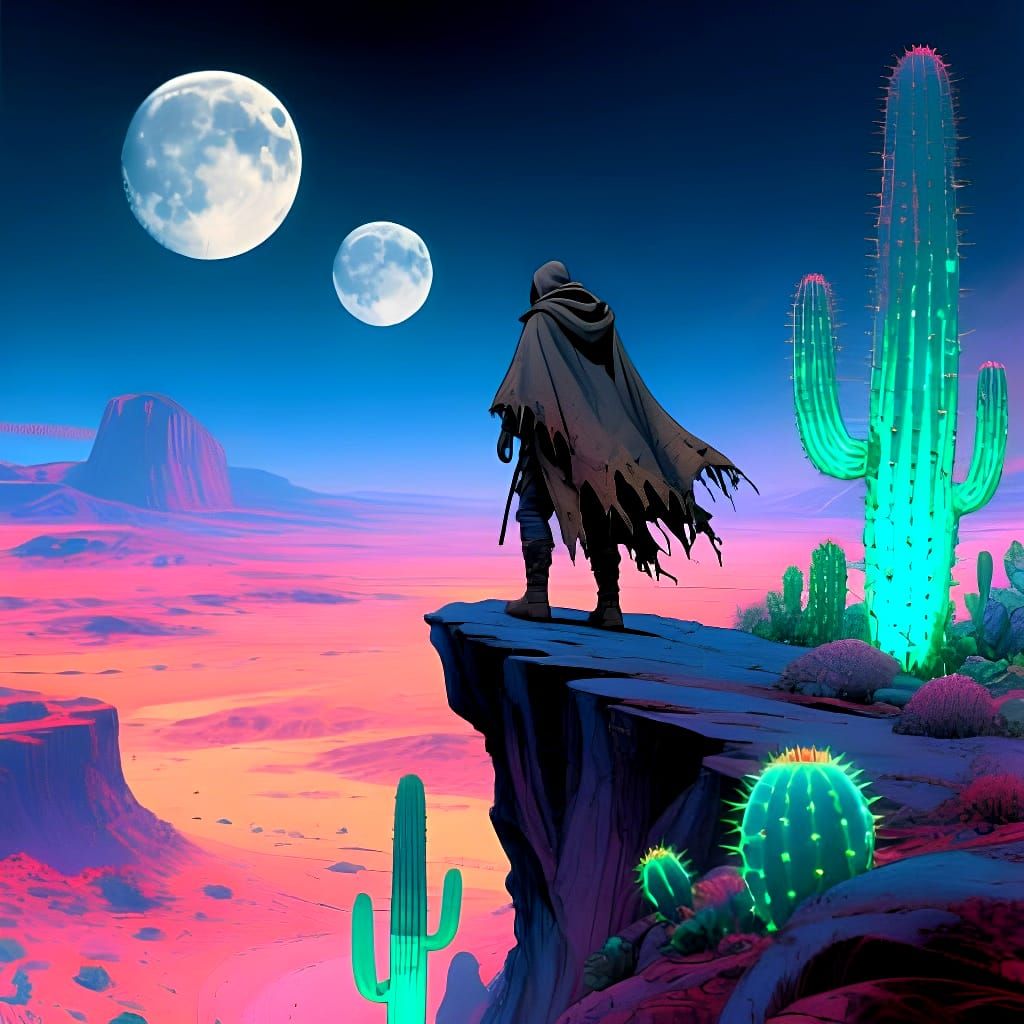 Adventurer Overlooking Alien Desert Landscape