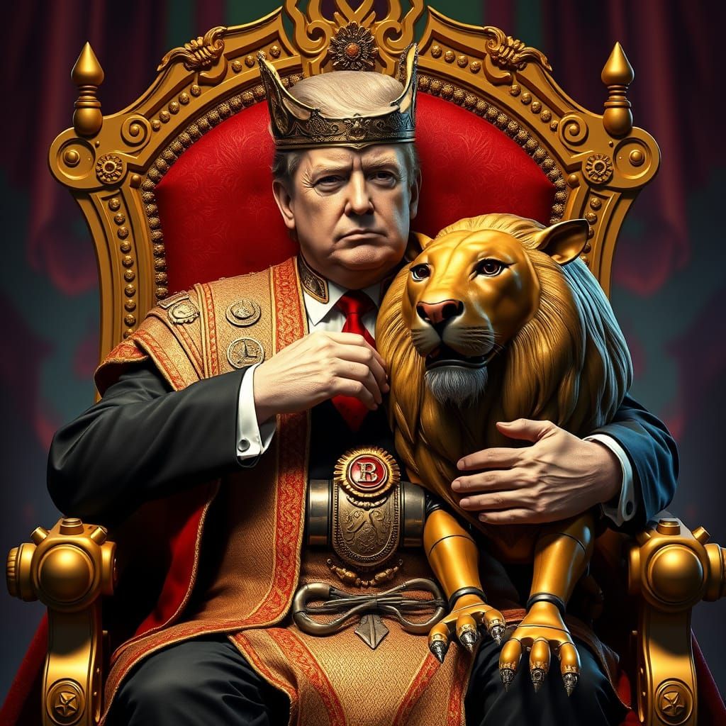 Donald Trump, depicted as a benevolent emperor, sits on a go...