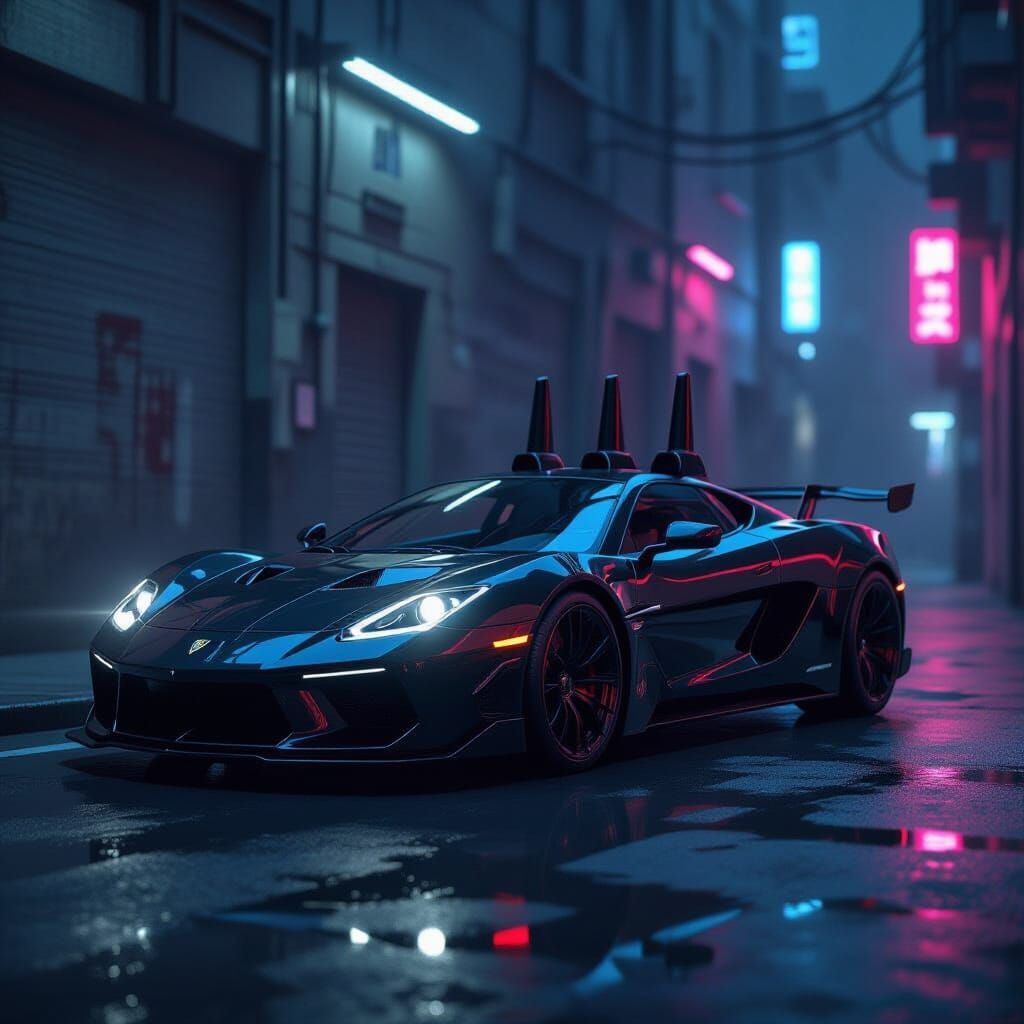 Cyberpunk Car with Antennas in Neon Alley