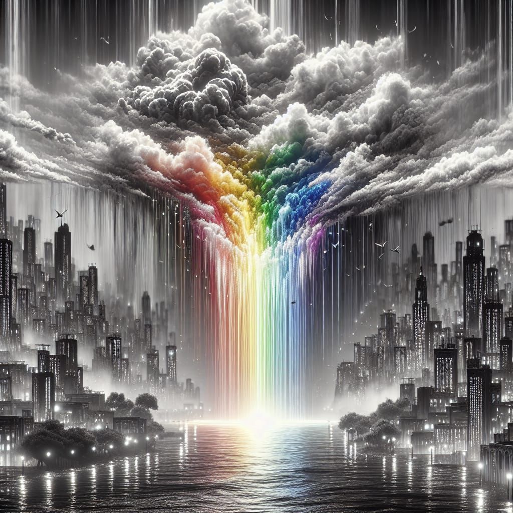 Rainbow Rain on Black and White Cityscape