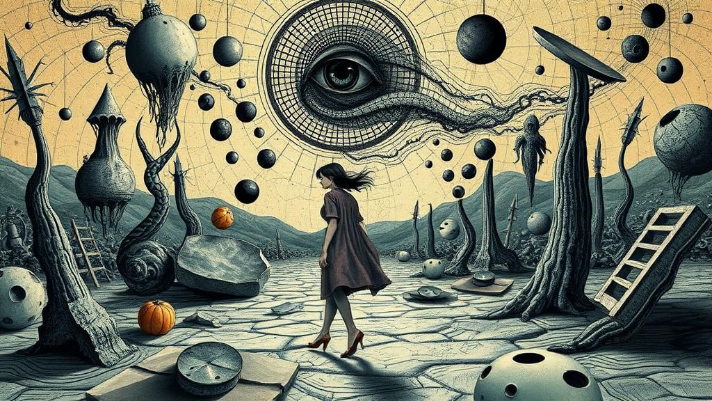 Dreamlike Sleepwalker in Surrealist Landscape