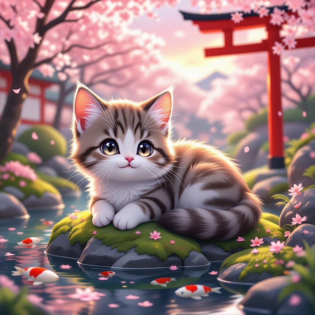 Anime Kitten in Japanese Garden, 3D Render