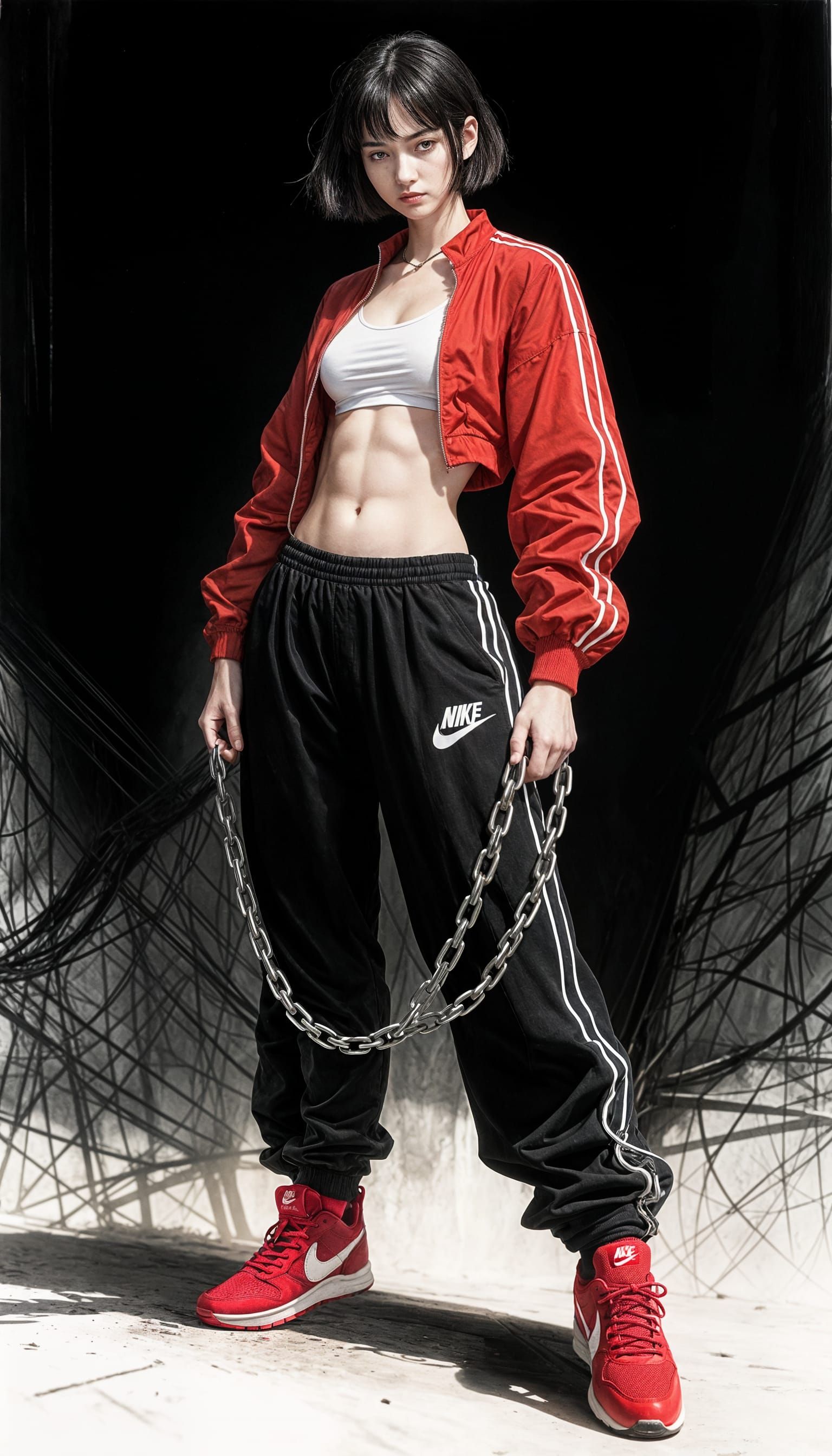 Muscular Ganger Girl in Chiaroscuro Ink and Watercolor Portr...