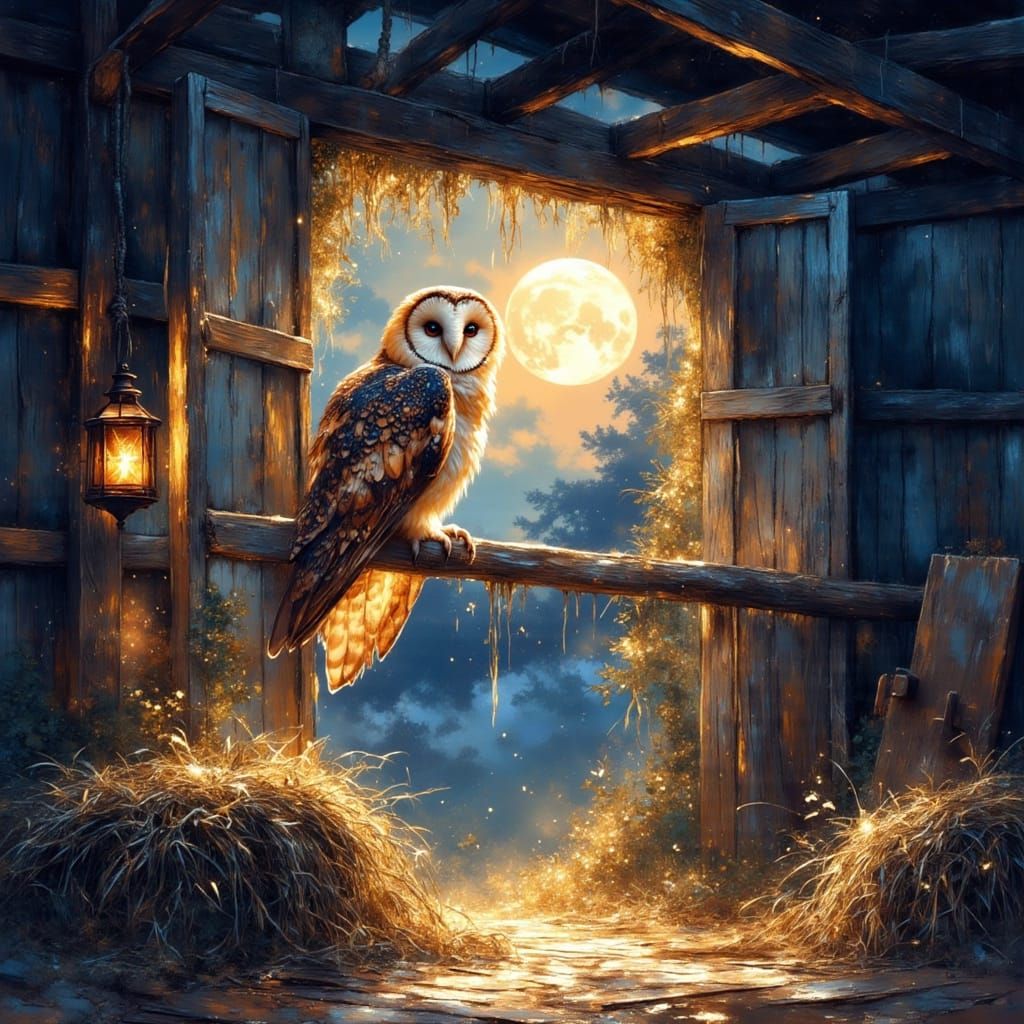 Barn Owl Perched in Hayloft, Watercolor Style