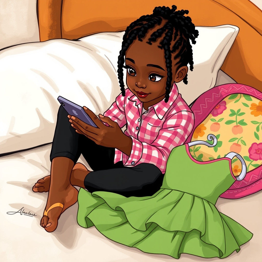 Girl with Braids Watching Phone, Whimsical Digital Art