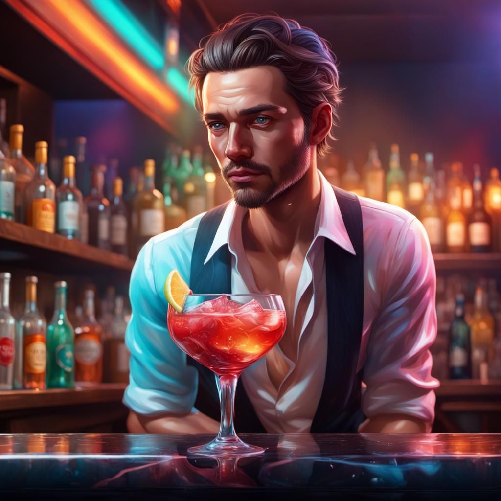 Hyperrealistic Male Bartender in Dramatic Lighting