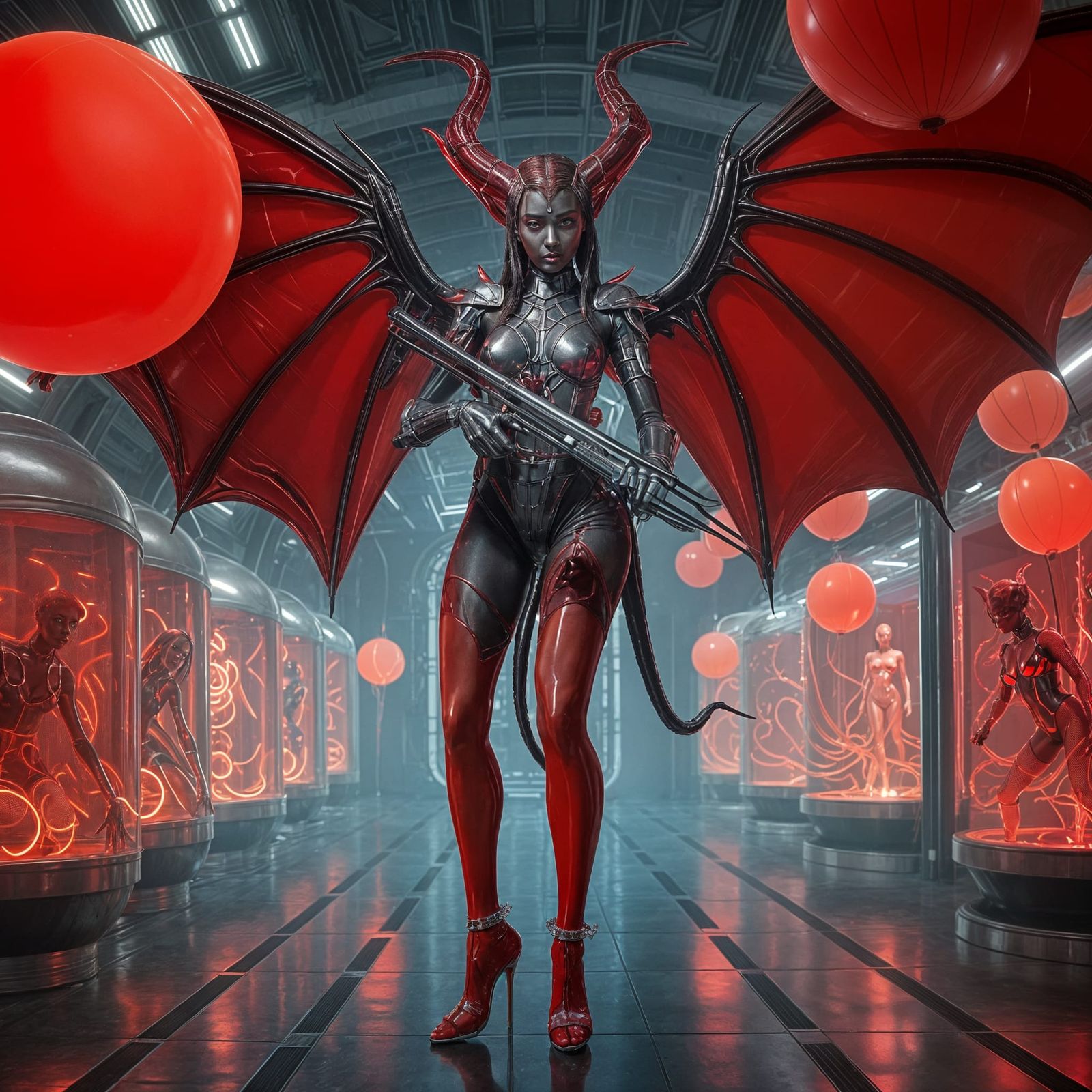 Alien Spider Demon with Bubble Gun in Futuristic Spaceship