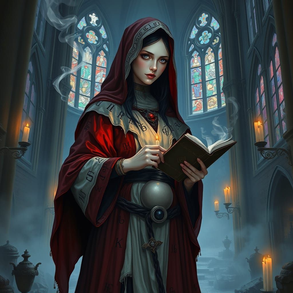 Gothic Fantasy Healer in Ruined Cathedral