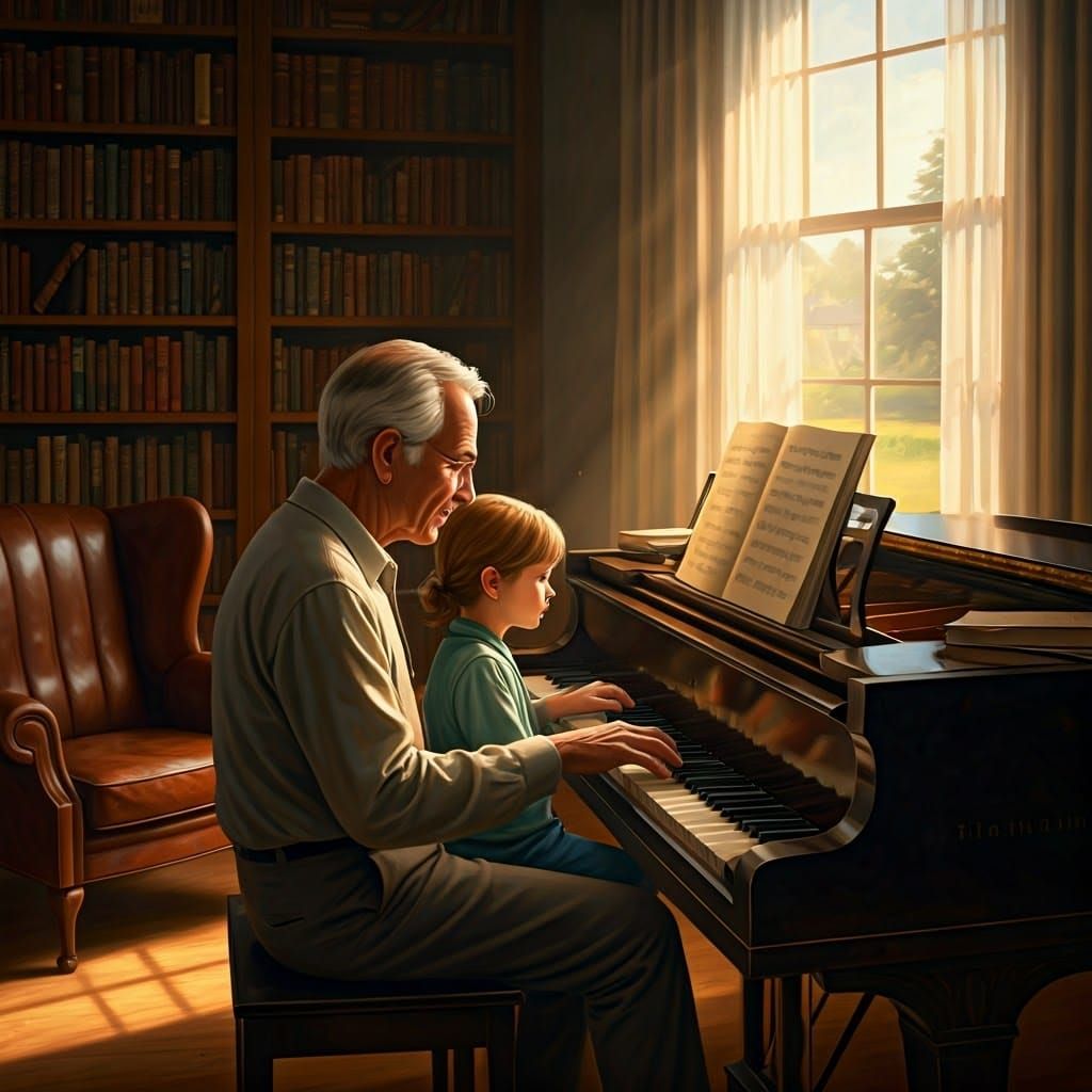 Grandfather and Child Play Piano in Golden Light