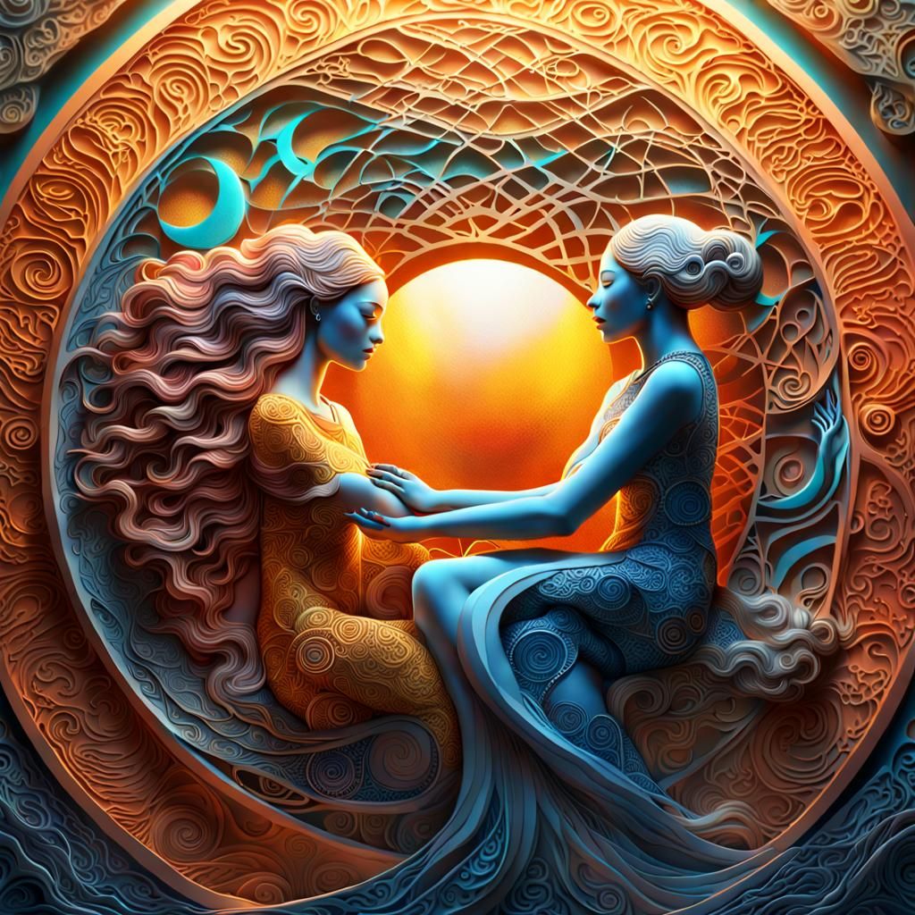 Woman Embracing Sun and Moon: A Surreal Artwork