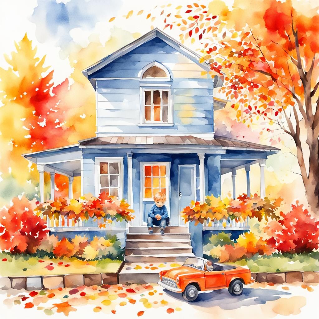 Boy with Toy Car: Watercolor Autumn Scene