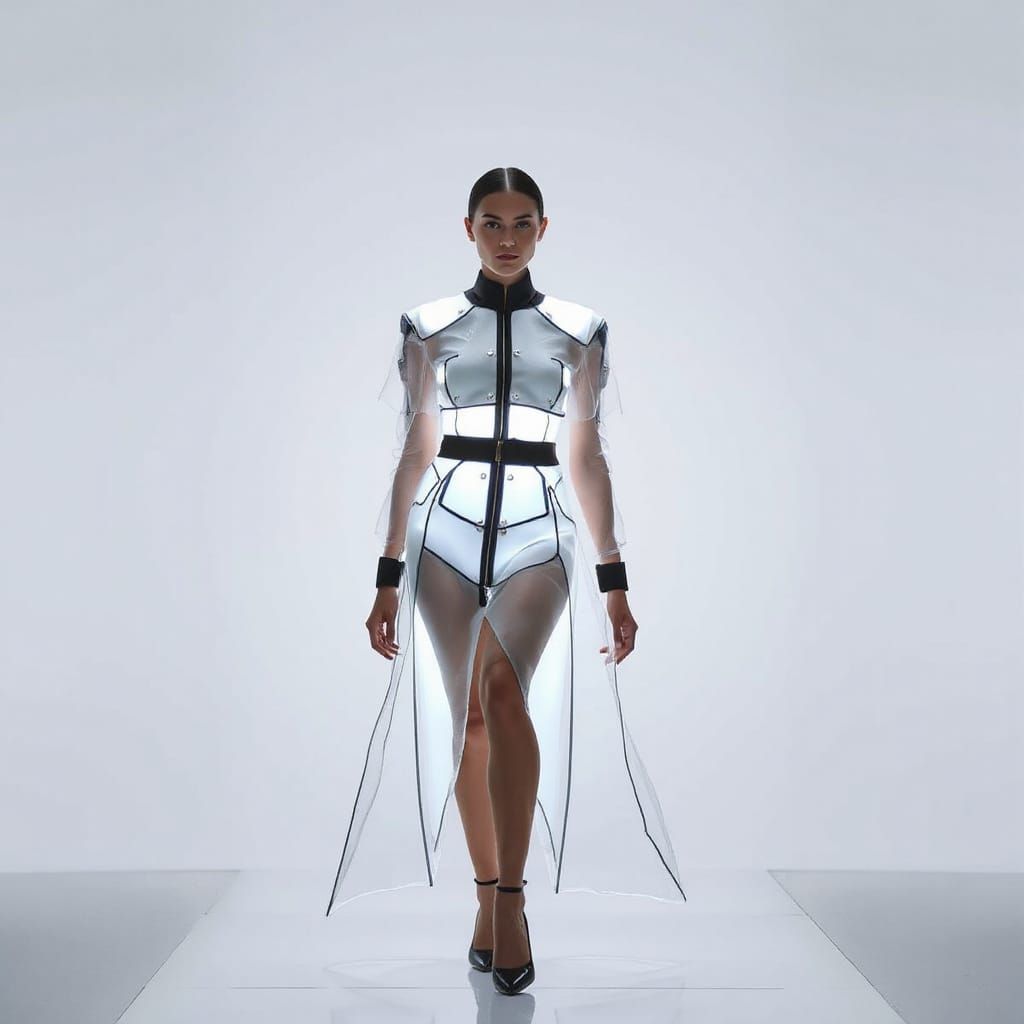 Futuristic Model in Glowing Glass Couture