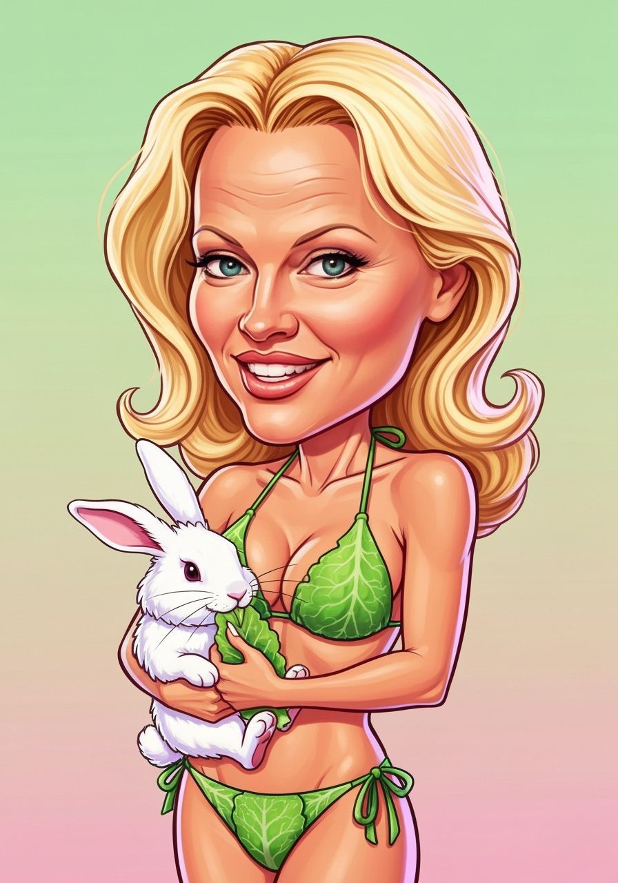 Pamela Anderson Caricature with Lettuce Bikini and Rabbit