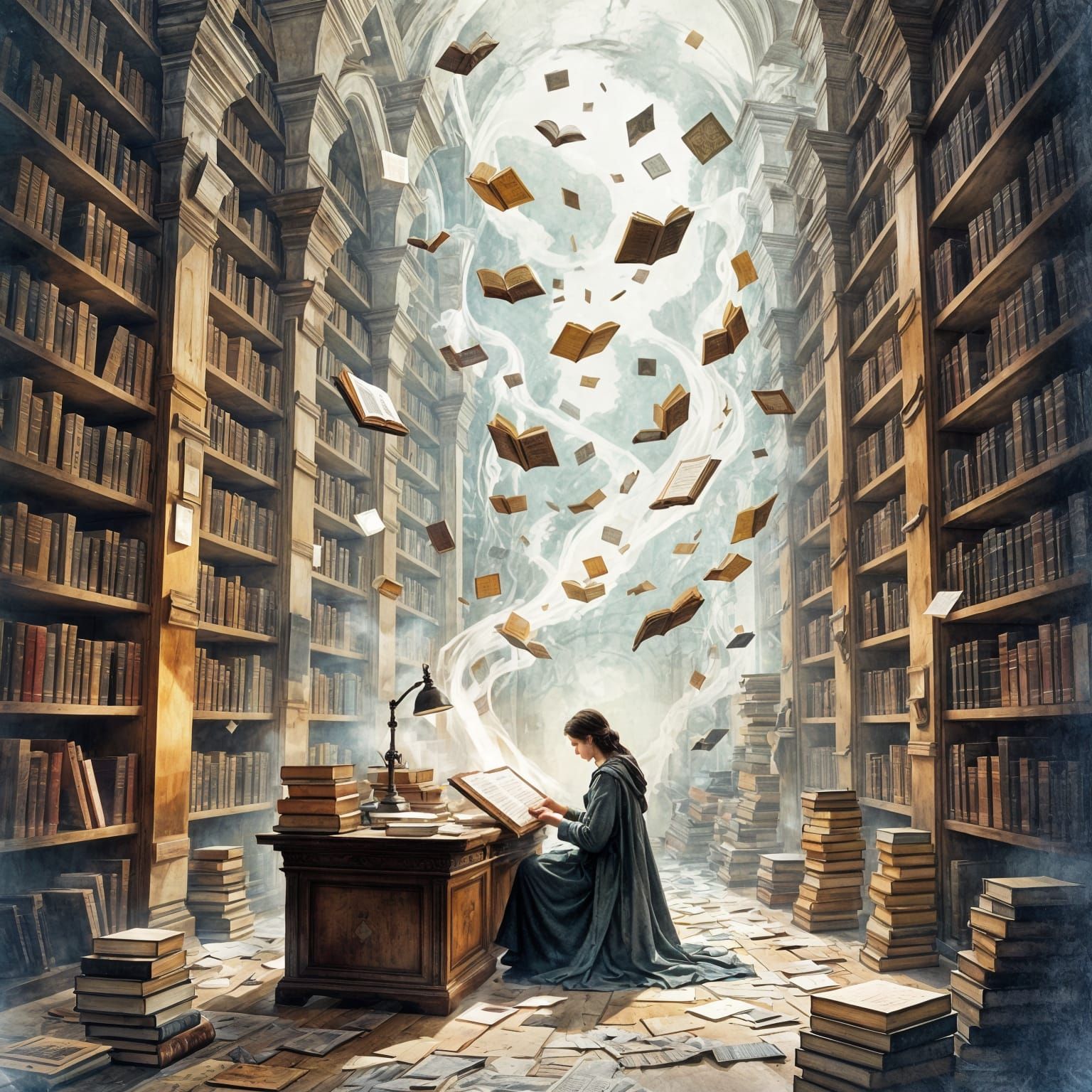 Mystical Library with Floating Books and Pencil Shelves