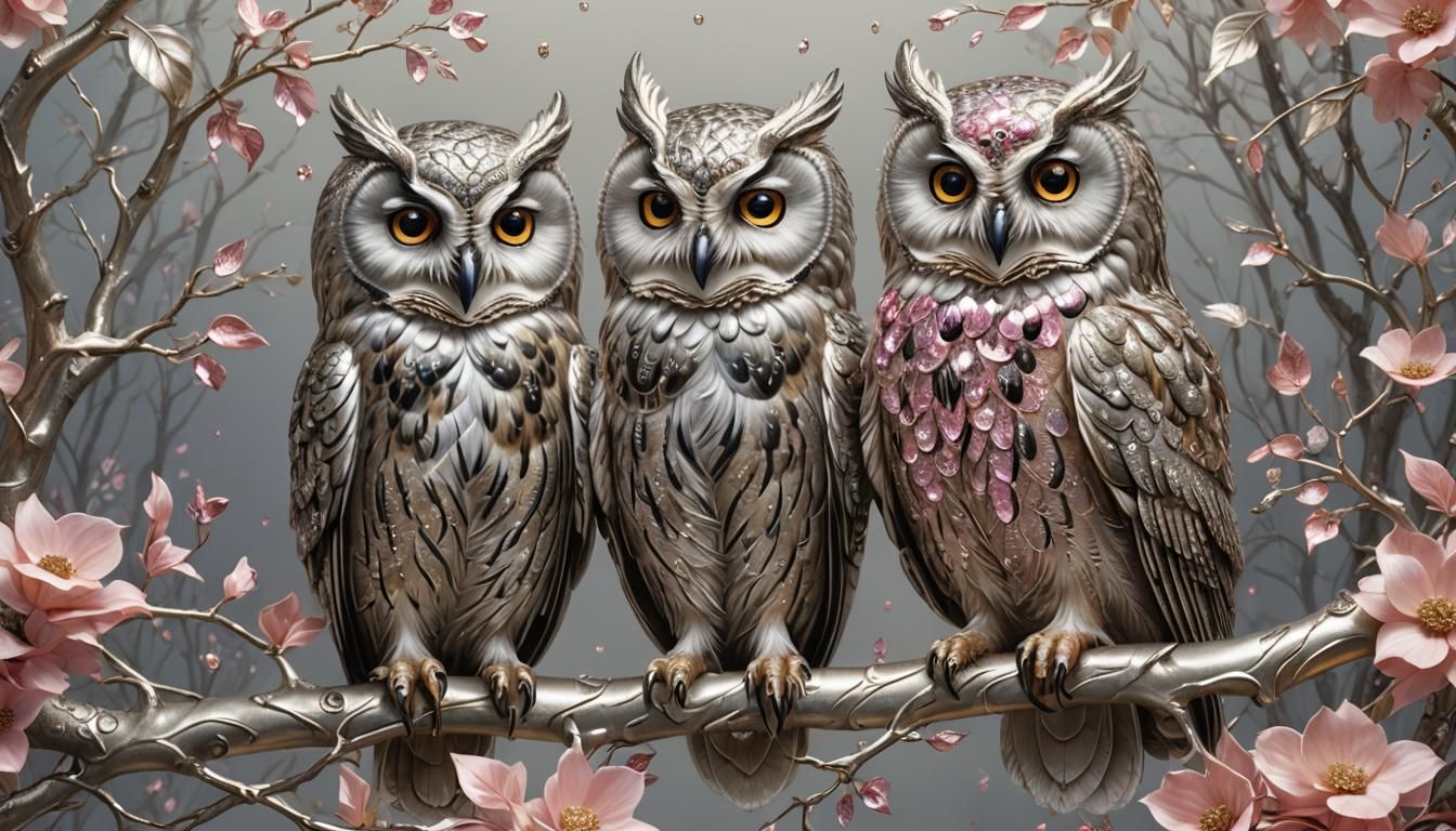 Elegant Diamond Owls on Silver Branches