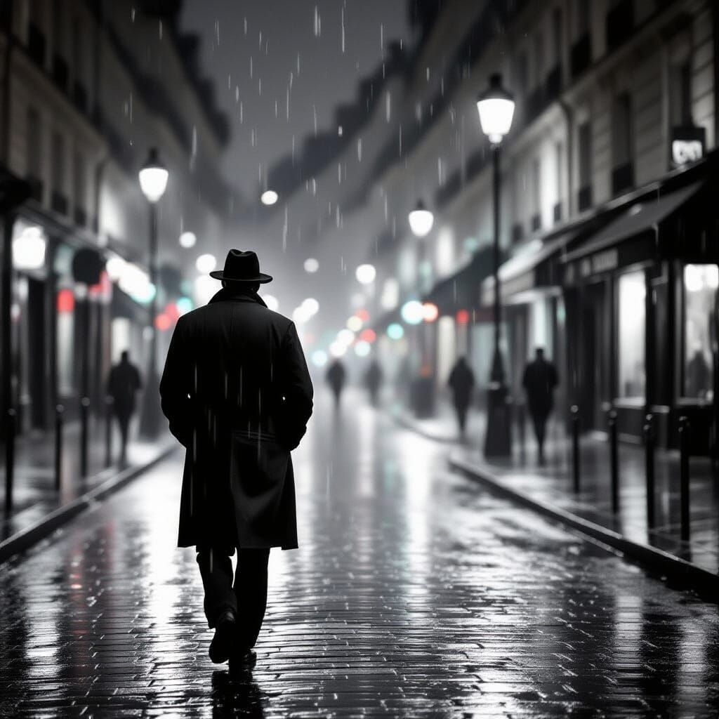 Melancholic Man Walks Alone in Rainy Paris Night