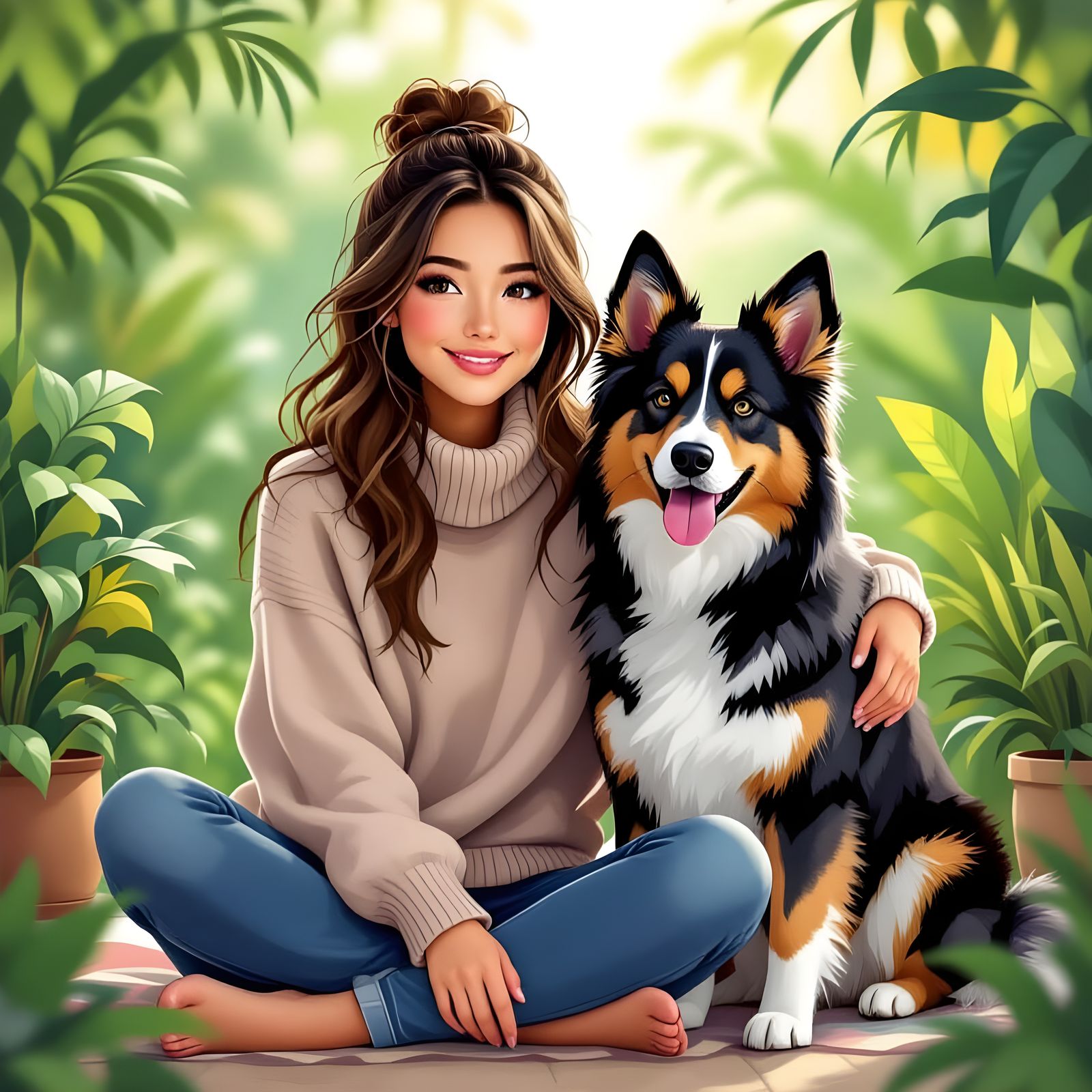 Woman and Alsatian Companion in Digital Art Style