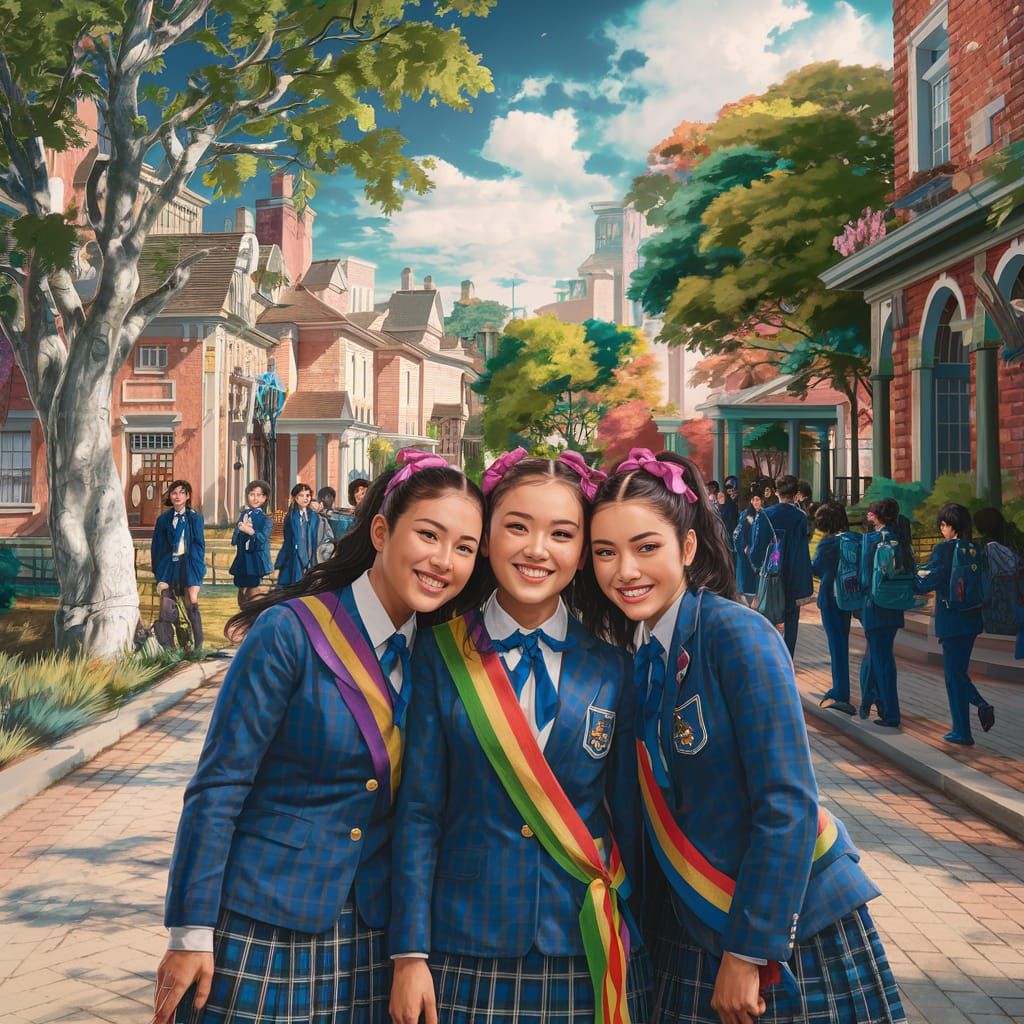 Fantasy Schoolgirls Pose for Sunny Selfie in Vibrant Matte P...