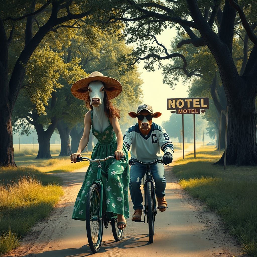 Anthropomorphic Cows Ride Bicycles Towards a Retro Motel