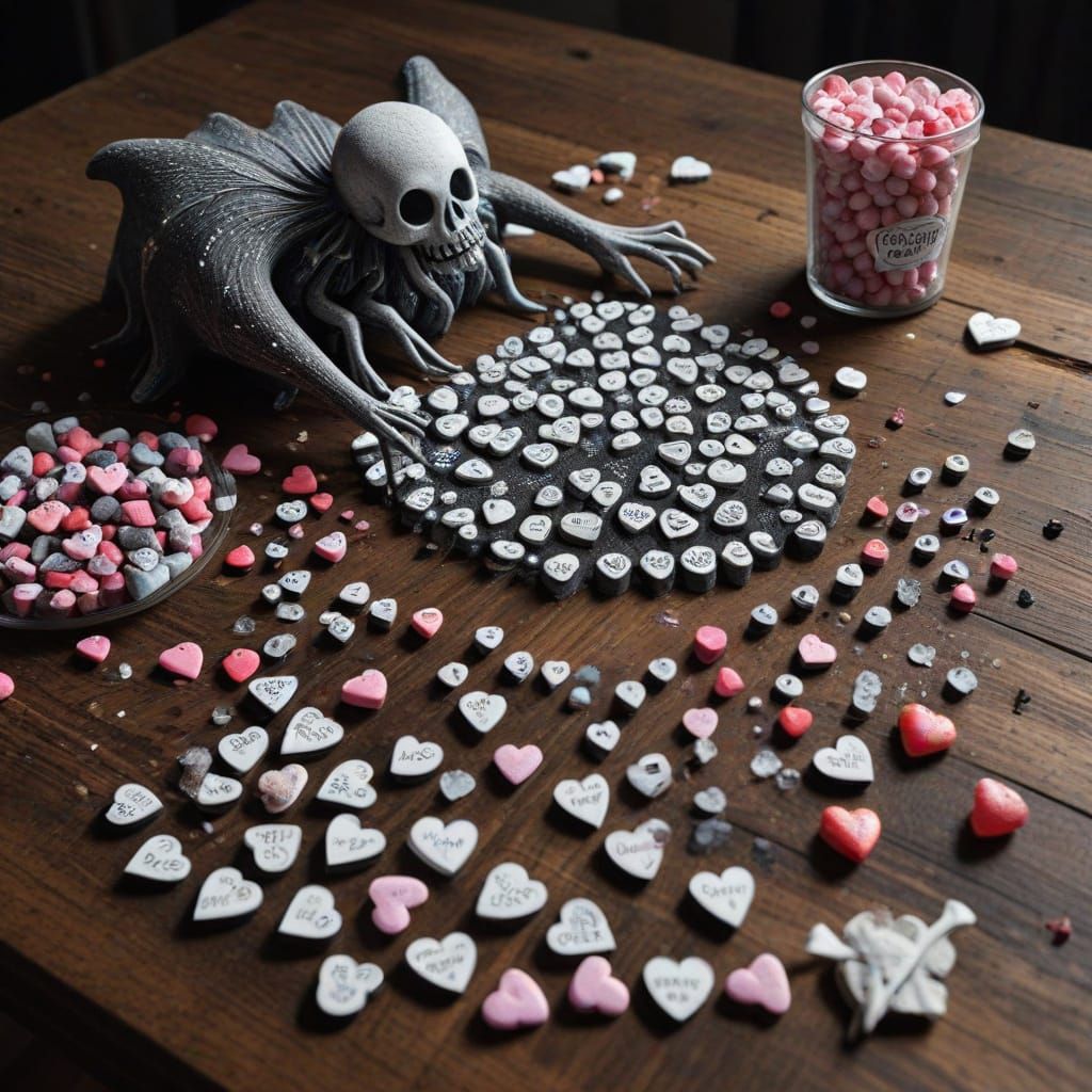 Whimsical Gothic Still Life of Monsters and Candy Hearts