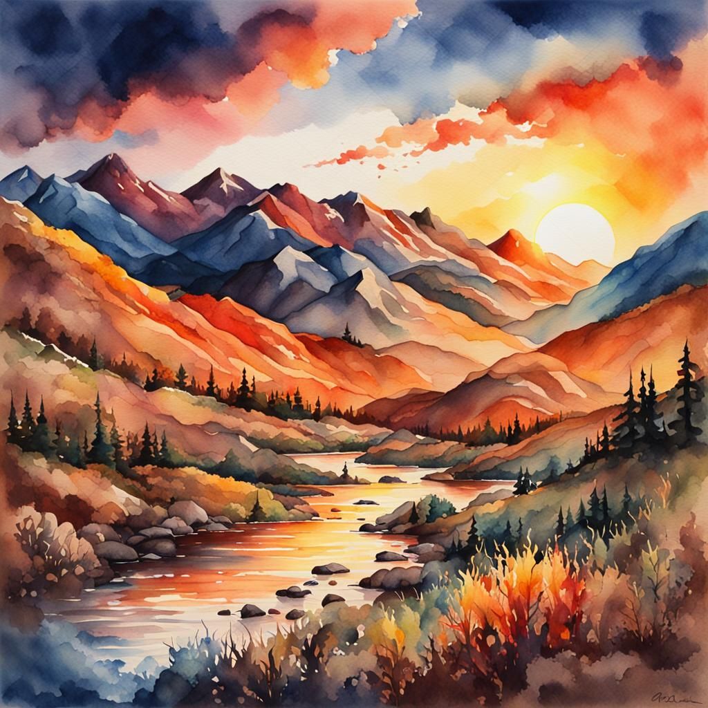 Hyperrealistic Watercolor Sunset Mountain Splash Art