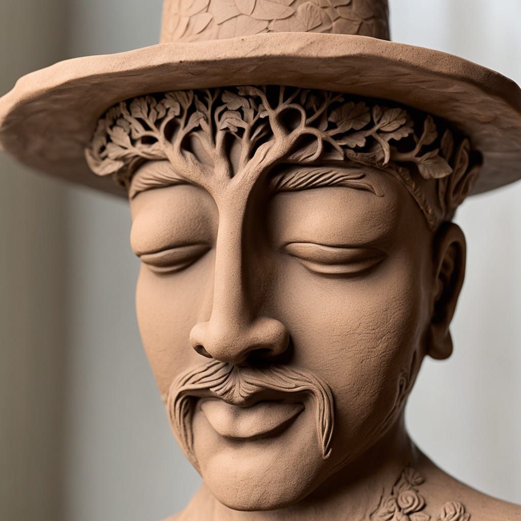 A man with a leafy tree growing out of his head, topped by a hat