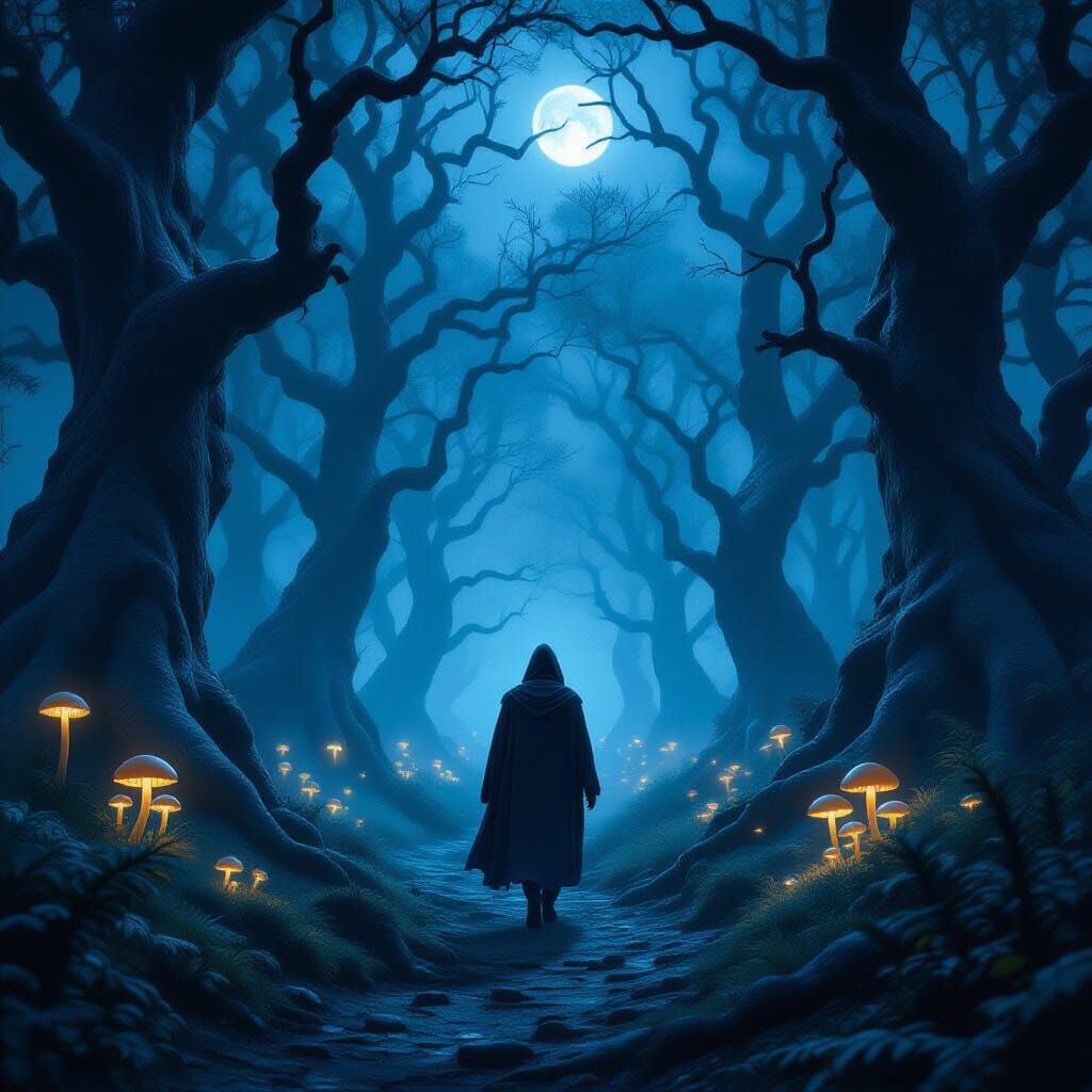 Mystical Cloaked Figure in Moonlit Forest