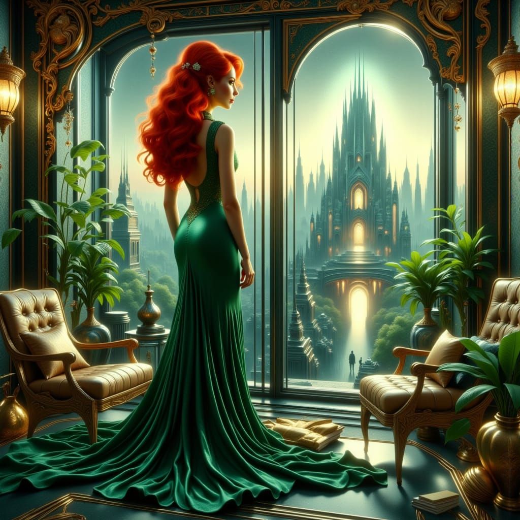 <lora:Beautiful Madness:1.0> <lora:Building Madness:1.0> <lora:Building Magic:1.0> Art Deco illustration. A glamorous re...