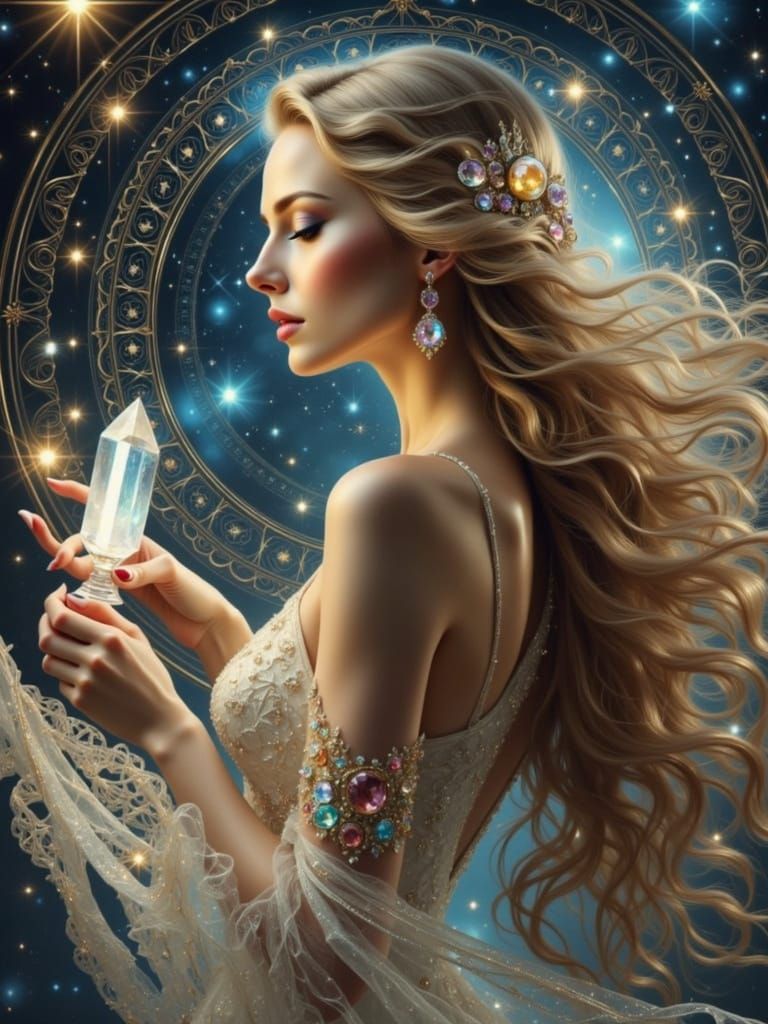 Ethereal Goddess Holds Luminous Crystal Before Celtic Portal