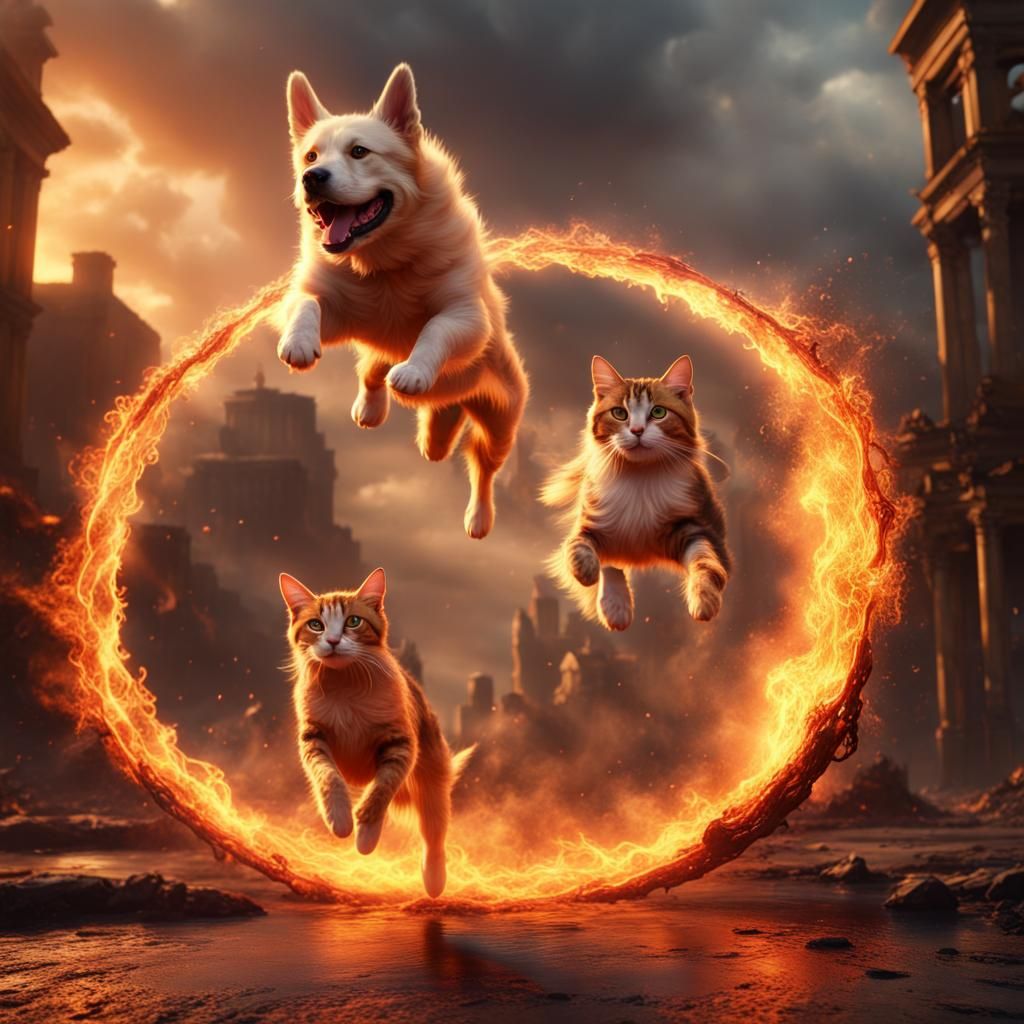 Dog and Cat Leap Through Ring of Fire